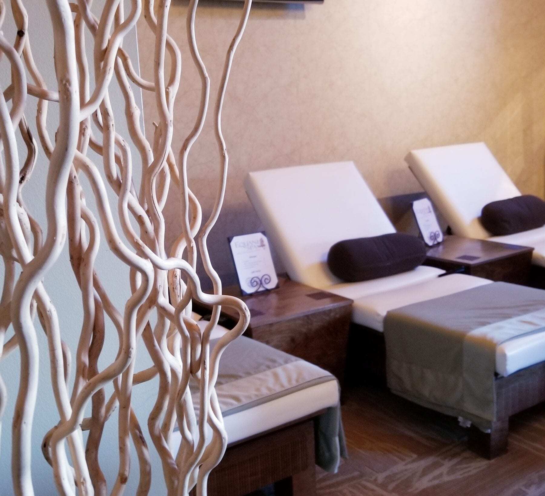 "The relaxation room at Equani Spa in Young Harris, Georgia, exudes tranquility and calmness with its soft lighting, comfortable seating, and serene decor, inviting guests to unwind and rejuvenate in a peaceful atmosphere."