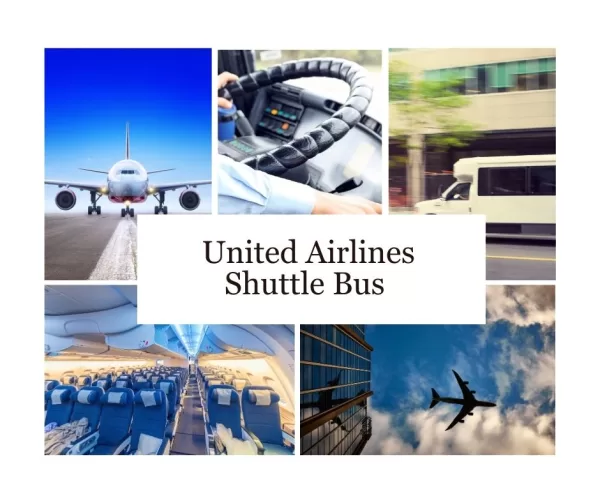 United Airlines shuttle bus parked at the airport terminal." "Airport shuttle bus with United Airlines logo waiting for passengers.Row of United Airlines airplanes parked on the tarmac." "United Airlines fleet of airplanes lined up at the airport.