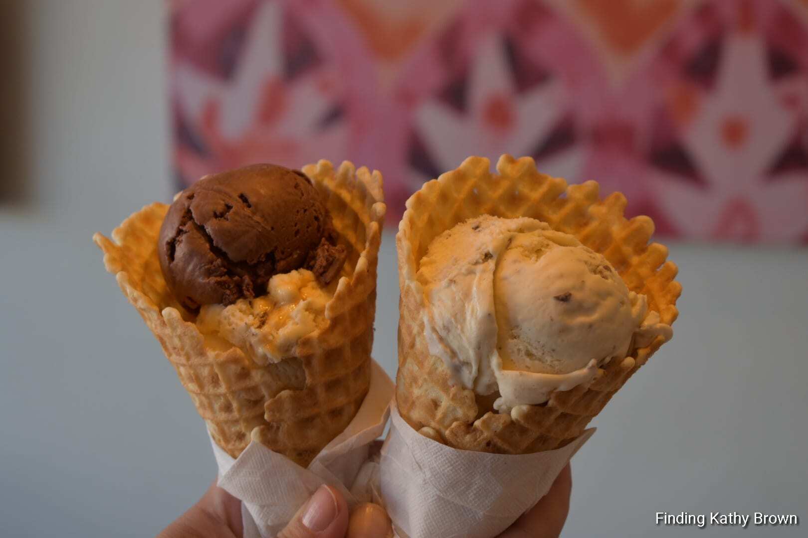 Clumpies Ice Cream Cones in a waffle cone. Chocolate and Vanilla ice cream