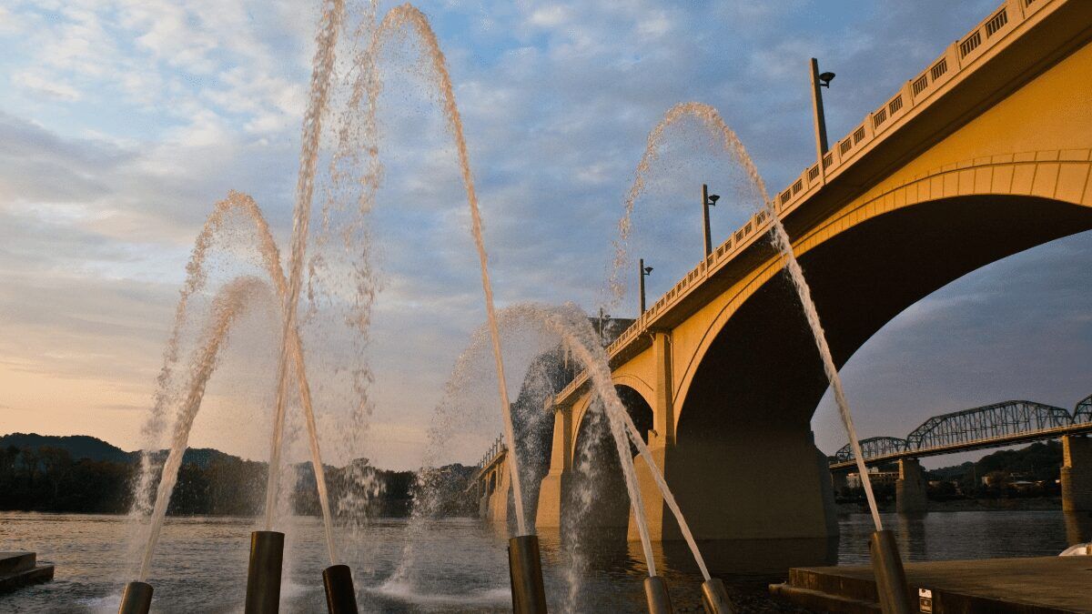 Fountains spraying water underneath a bridge in Chattanooga, TN