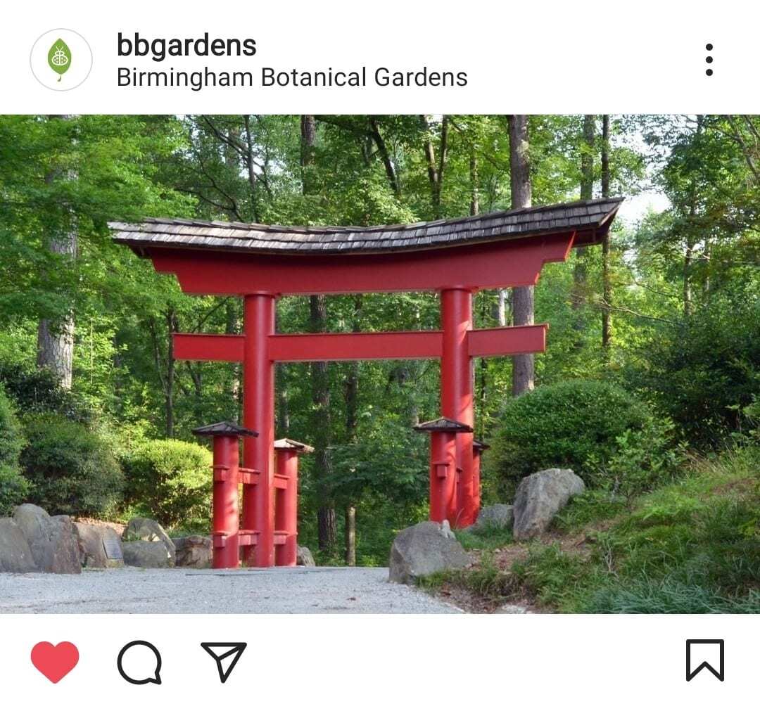 Japanese red walkway and green trees