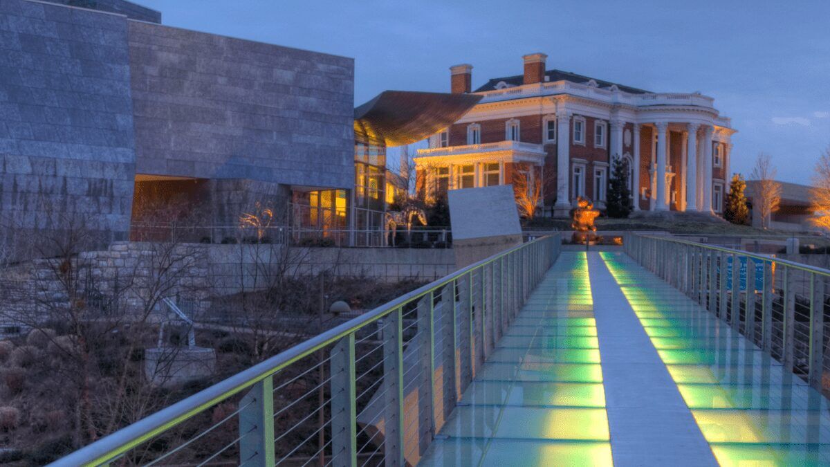 Glass walking bridge leading to a historic mansion in Chattanooga TN