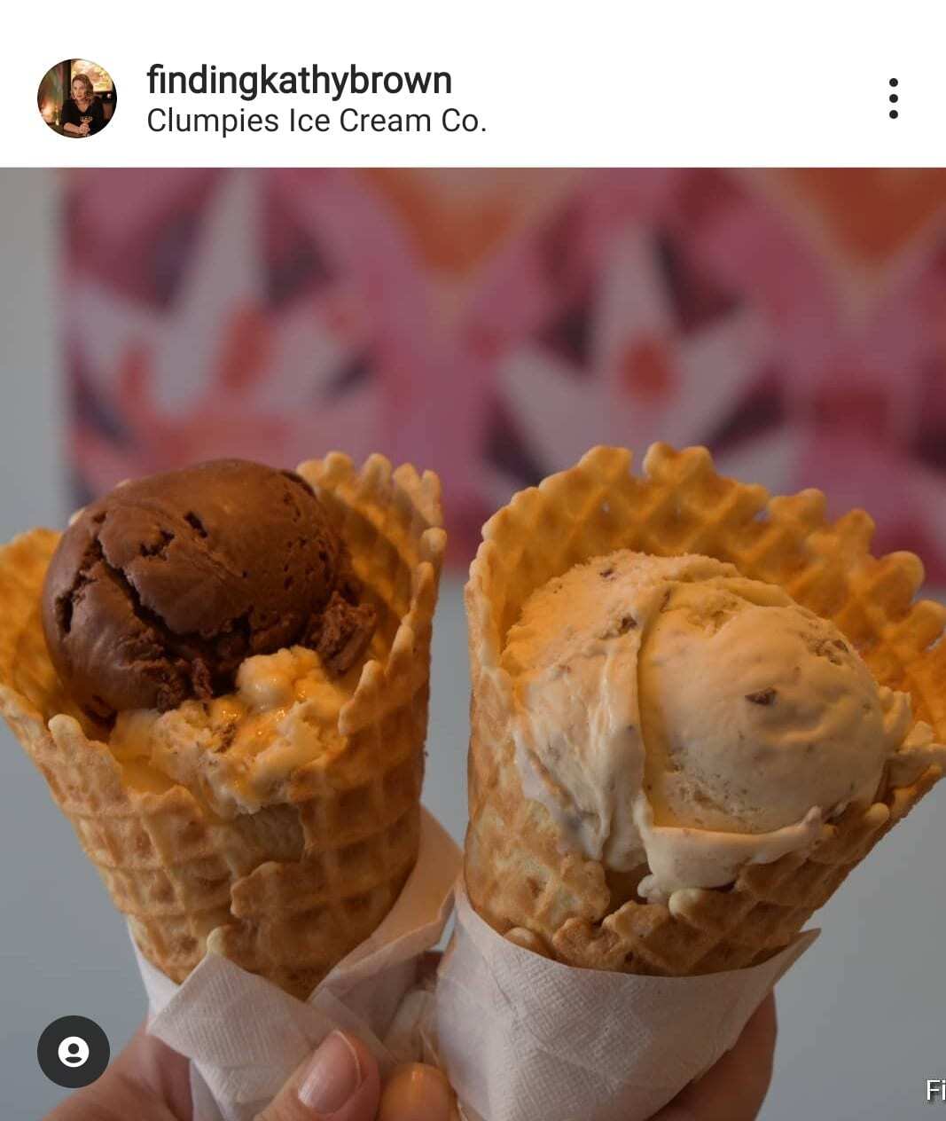 Clumpies Waffle cones with chocolate and butter pecan ice cream