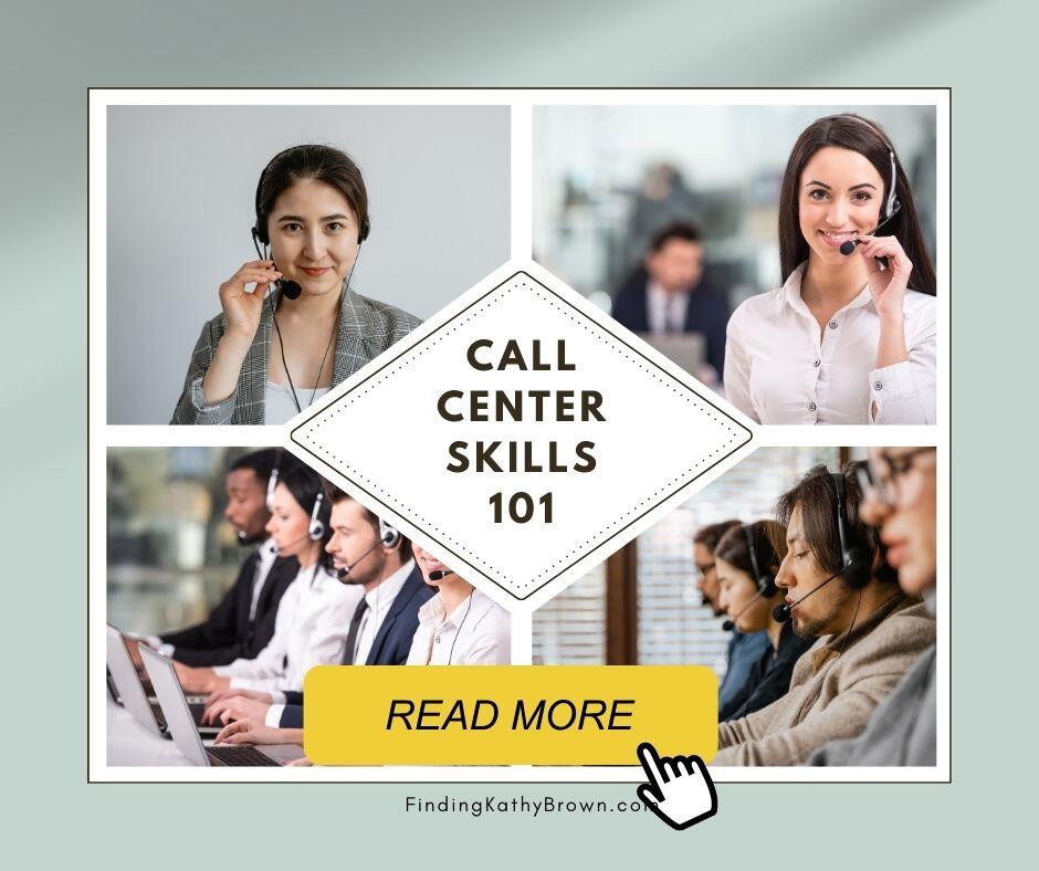 Call Center Skills 101 - Images of men and women working in a call center. Taking calls. Working together to slove problems for customers.