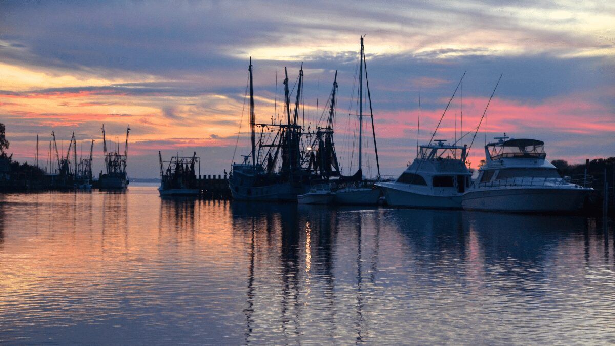 Shrimp boats docked in a harbor at sunset