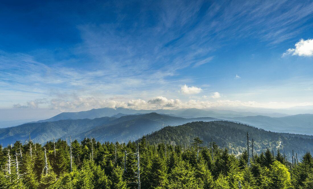 "Scenic view of the Smoky Mountains, displaying a range of towering peaks blanketed in dense forests. The mountains are shrouded in a misty haze that creates a serene and tranquil atmosphere. The vibrant green of the trees contrasts with the muted colors of the mountains, creating a breathtaking vista that captures the natural beauty of this iconic mountain range."