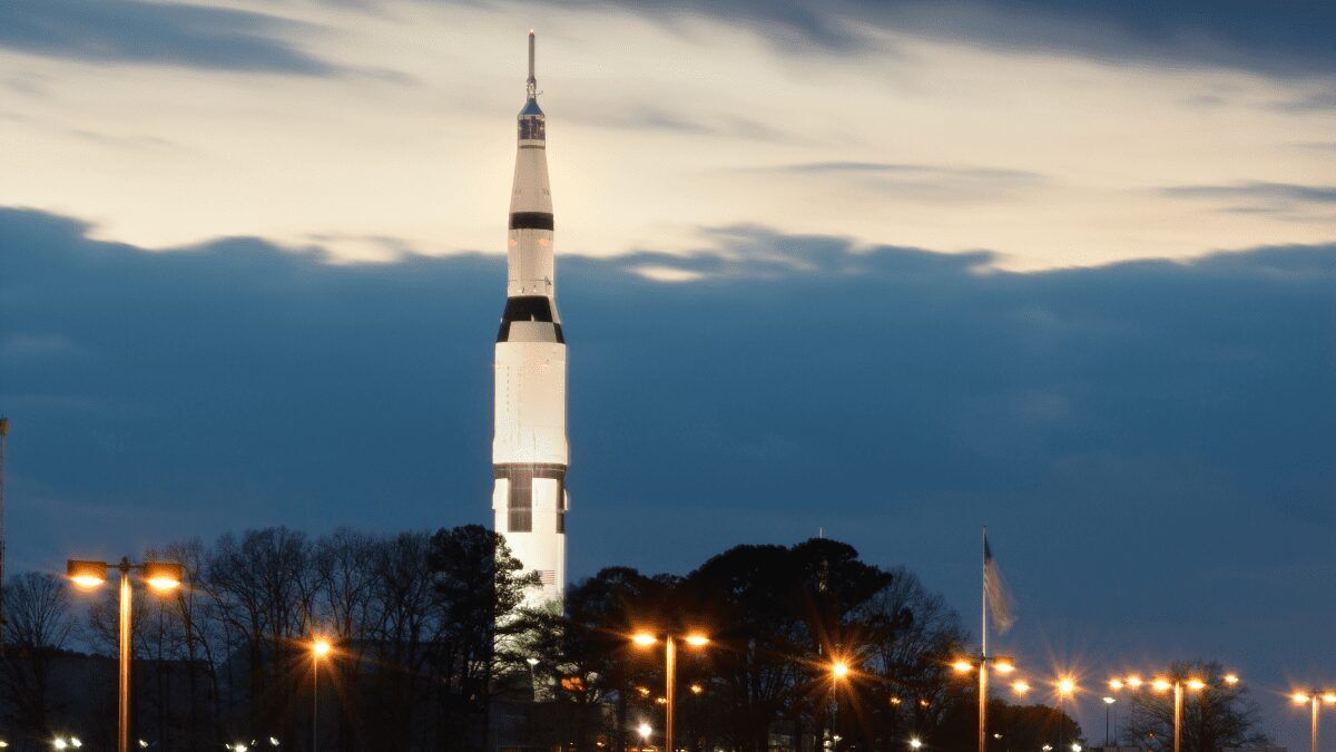 Large rocket ship towering over Huntsville, AL