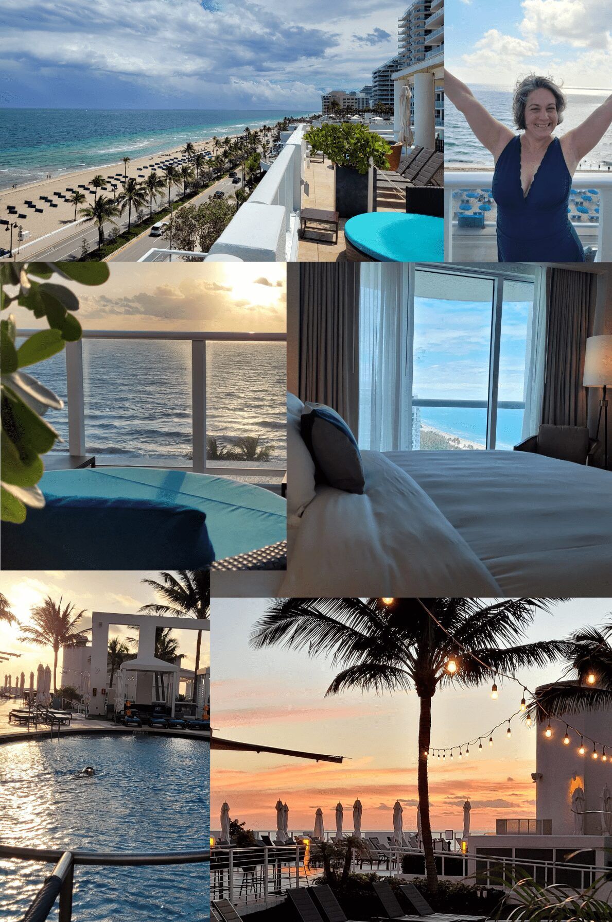 The Conrad Hotel in Fort Lauderdale, Florida, USA A captivating collage of Fort Lauderdale captured by renowned travel blogger, Kathy Brown, featuring stunning images of her exuberantly clad in a blue bathing suit, expressing pure joy. The collage showcases Fort Lauderdale's pristine beaches, luxurious room accommodations, an inviting resort pool, and secluded cabanas, providing a delightful visual journey for travel enthusiasts and vacation seekers.