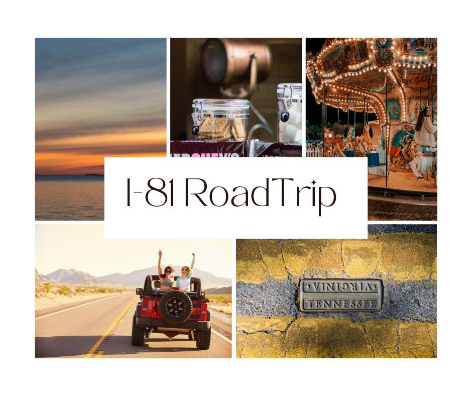 Image of various stops along a road trip on Highway 81. Images include mountain towns and lakeside retreats.