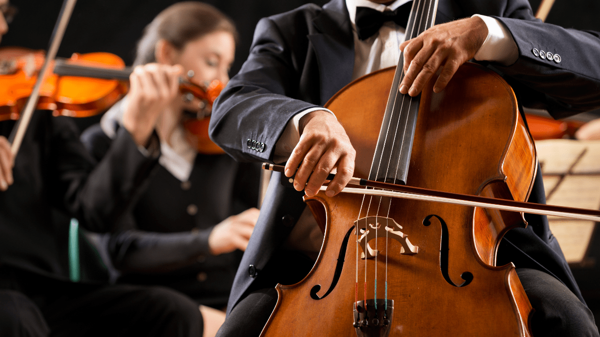 An elegant symphony musician in a classic tuxedo, passionately playing the violin and bass at a Jacksonville Symphony performance. With utmost concentration and skill, he effortlessly produces harmonious melodies that resonate through the concert hall, captivating the audience with his musical prowess and artistic expression.