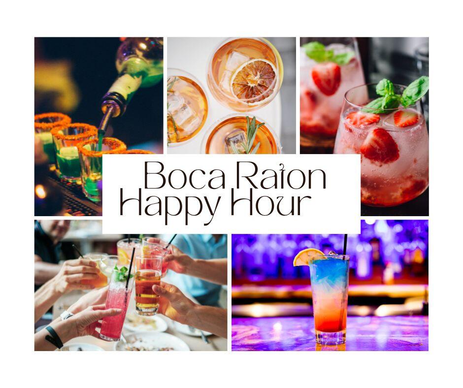 Happy Hour Specials for Boca Raton, Florida. Image shows various drinks and cocktails.