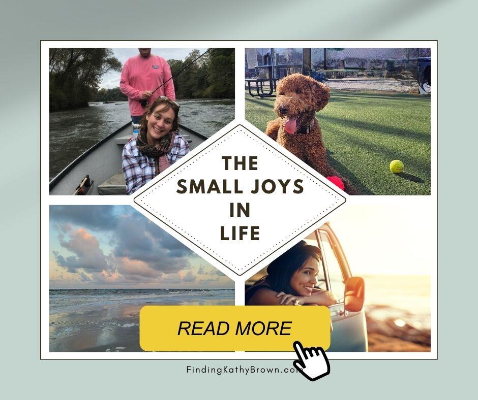 Discover The Small Joys in Life with Top American Blogger Kathy Brown. Image depicts various states of happiness. Playing with my dog, riding in the car with windows down, fishing and beaches