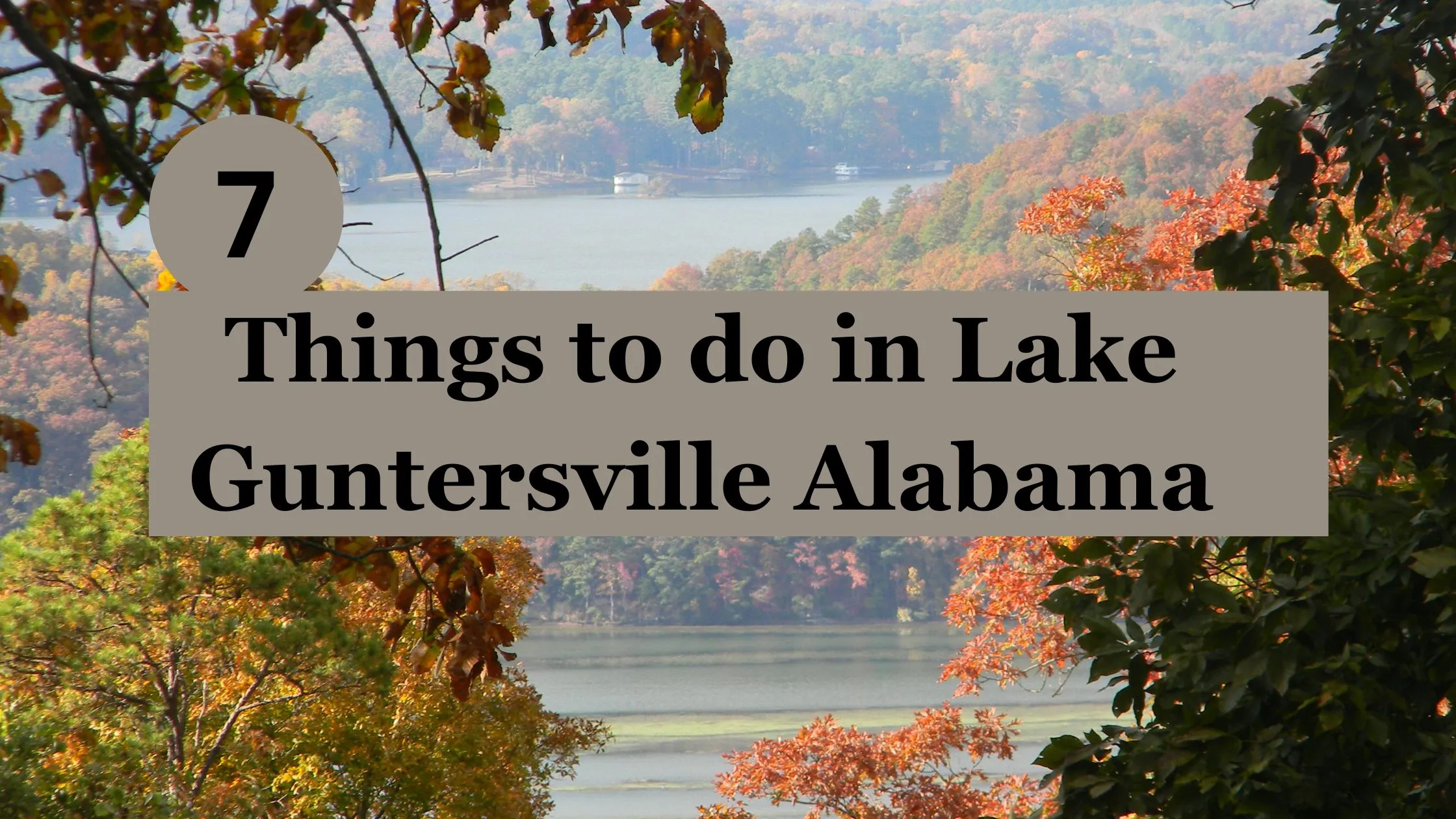7 fun things to do in Lake Guntersville Alabama. Image shows beautiful views of the foliage on a crystal clear lake in Alabama, USA