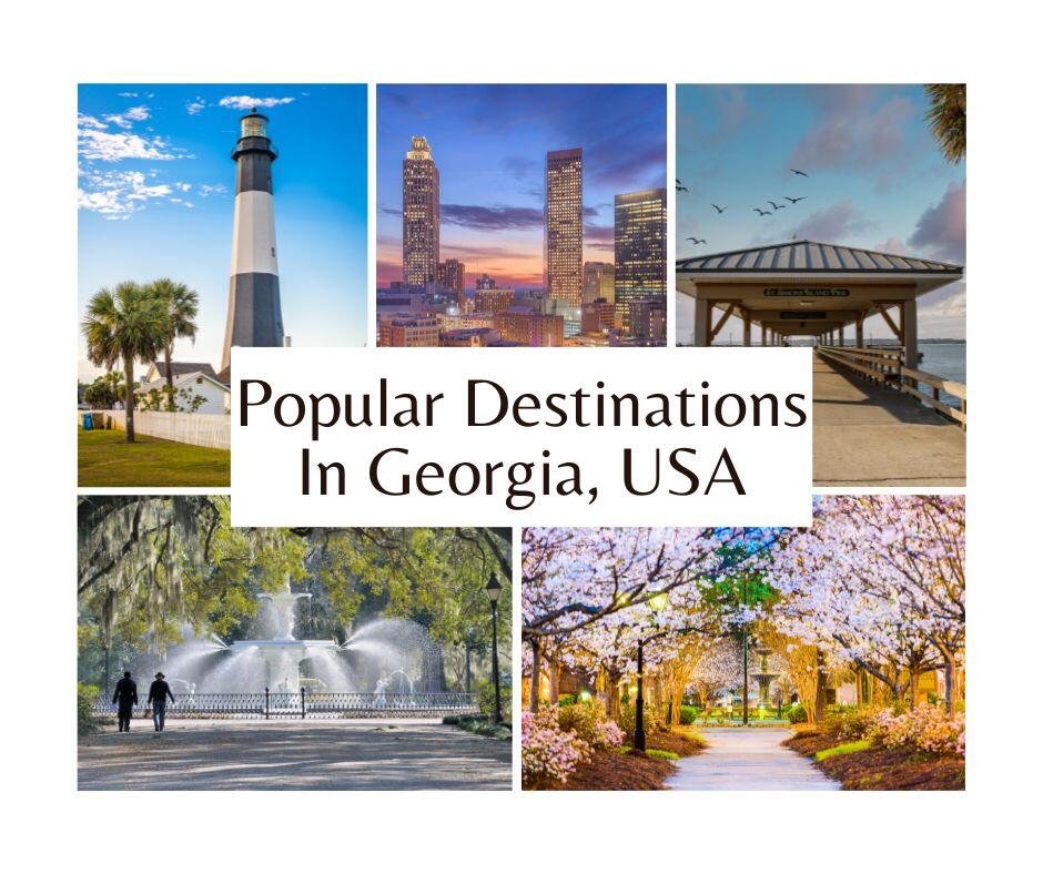 Popular Tourists destinations in the USA State of Georgia. Southern Charming towns, big city skylines and coastal retreats.