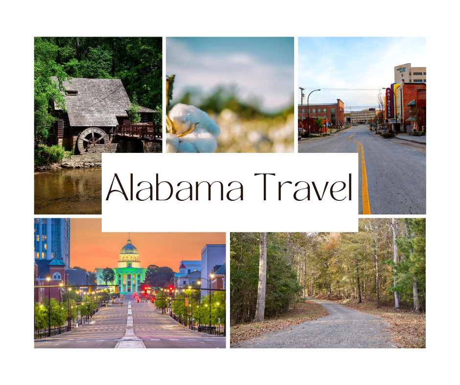 Alabama's scenic tapestry unfolds: Beach bliss, mountain majesty, prairie charm, and city lights in a captivating collage