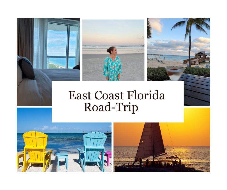 An East Coast Florida road trip guide. Image shows various beach activities and attractions to peak your interest in exploring beach locations and coastal cities. Travel Blogger Finding Kathy Brown