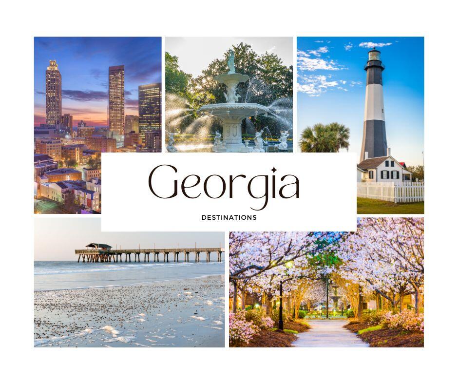 Georgia's diverse canvas: Coastal serenity, mountain allure, lush landscapes, and city lights in a captivating collage
