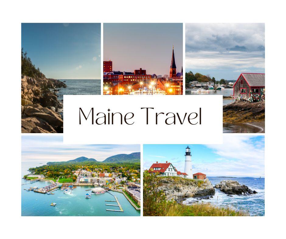 Maine's picturesque montage: Coastal beauty, pristine wilderness, charming towns, and city lights in a captivating collage