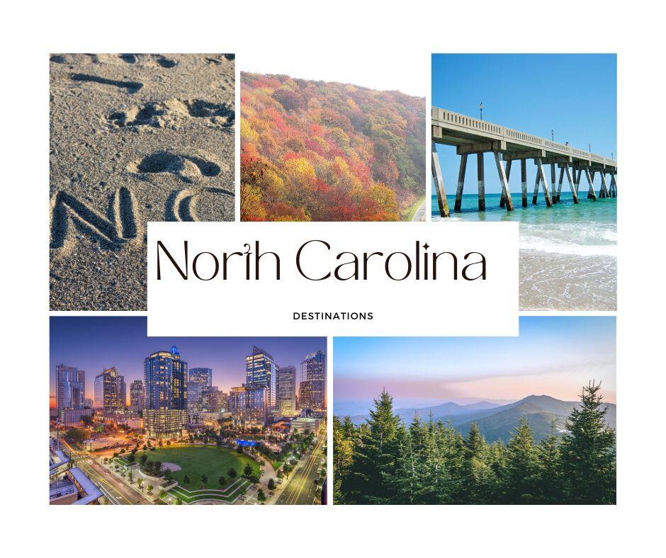 North Carolina's diverse tableau: Coastal serenity, mountain majesty, lush landscapes, and city lights in a captivating collage.