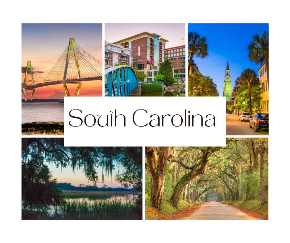 South Carolina's picturesque collage: Coastal elegance, southern charm, historic beauty, and city lights in a captivating ensemble.