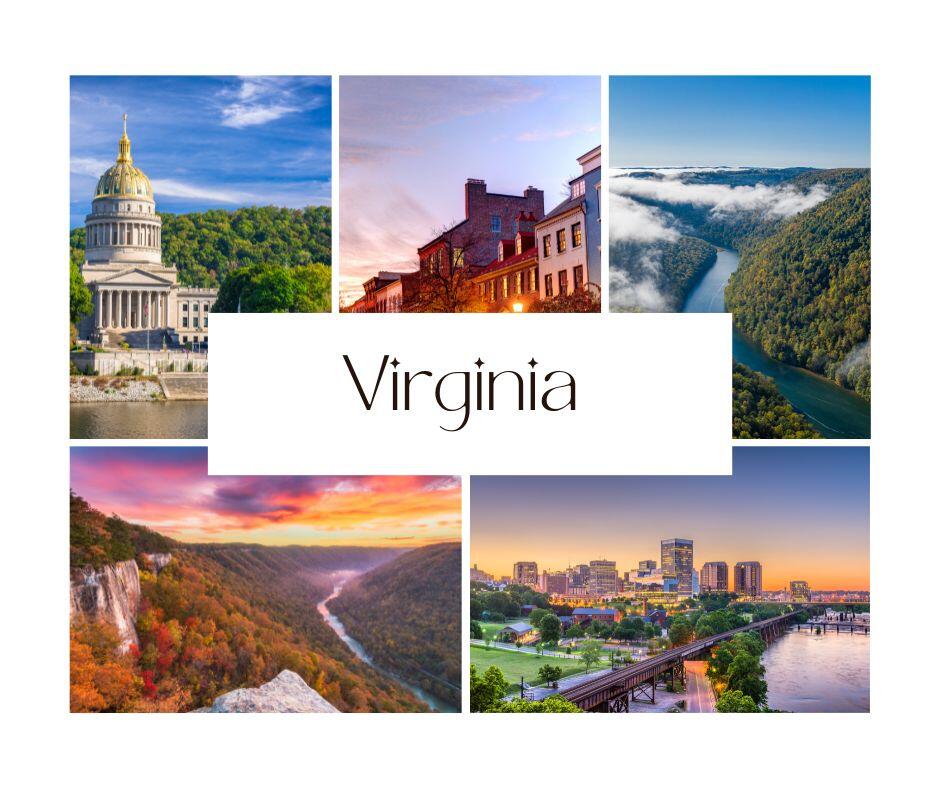 Virginia's diverse tapestry: Coastal allure, mountain majesty, historic charm, and city lights in a captivating collage.