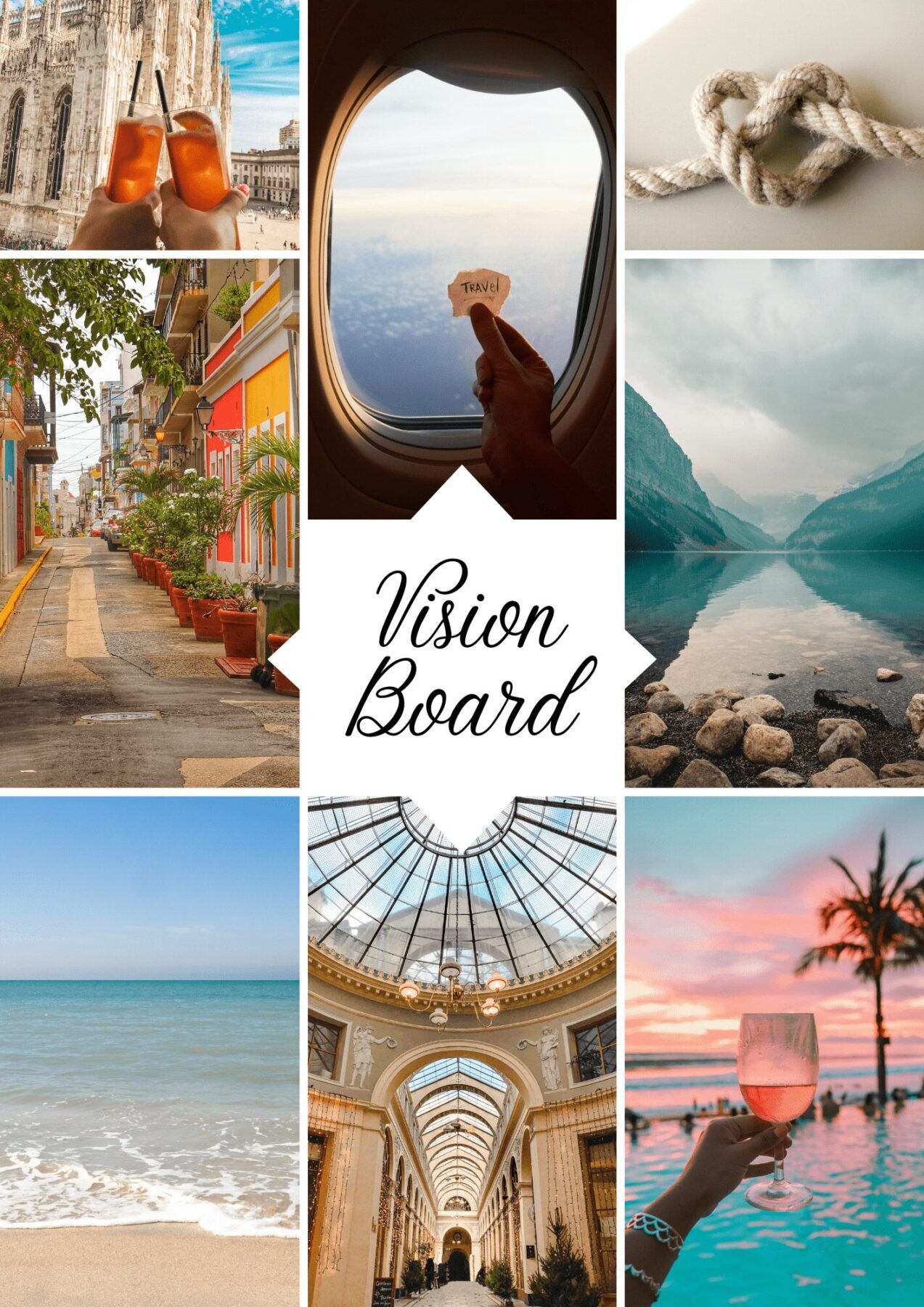 Travel vision board that represents all the places I want to visit in the coming year. 