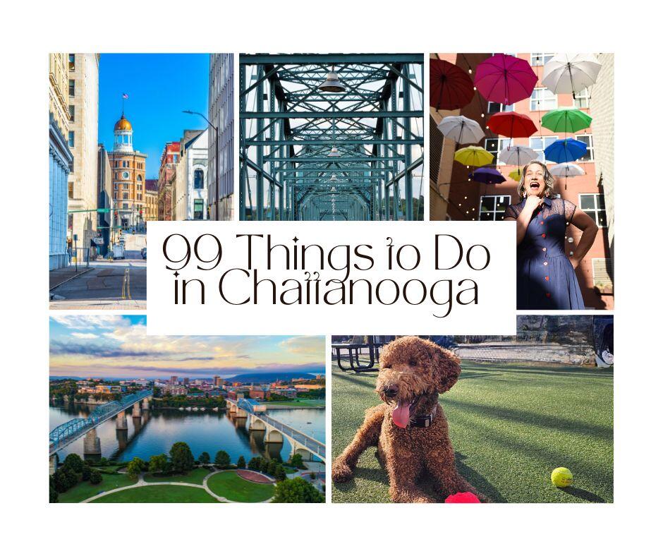 99 amazing attractions tourists will find on a Chattanooga, TN vacation. The best places to stay, dine and explore. Images include the Walking bridge, glass bridge, downtown office buildings and dog parks.