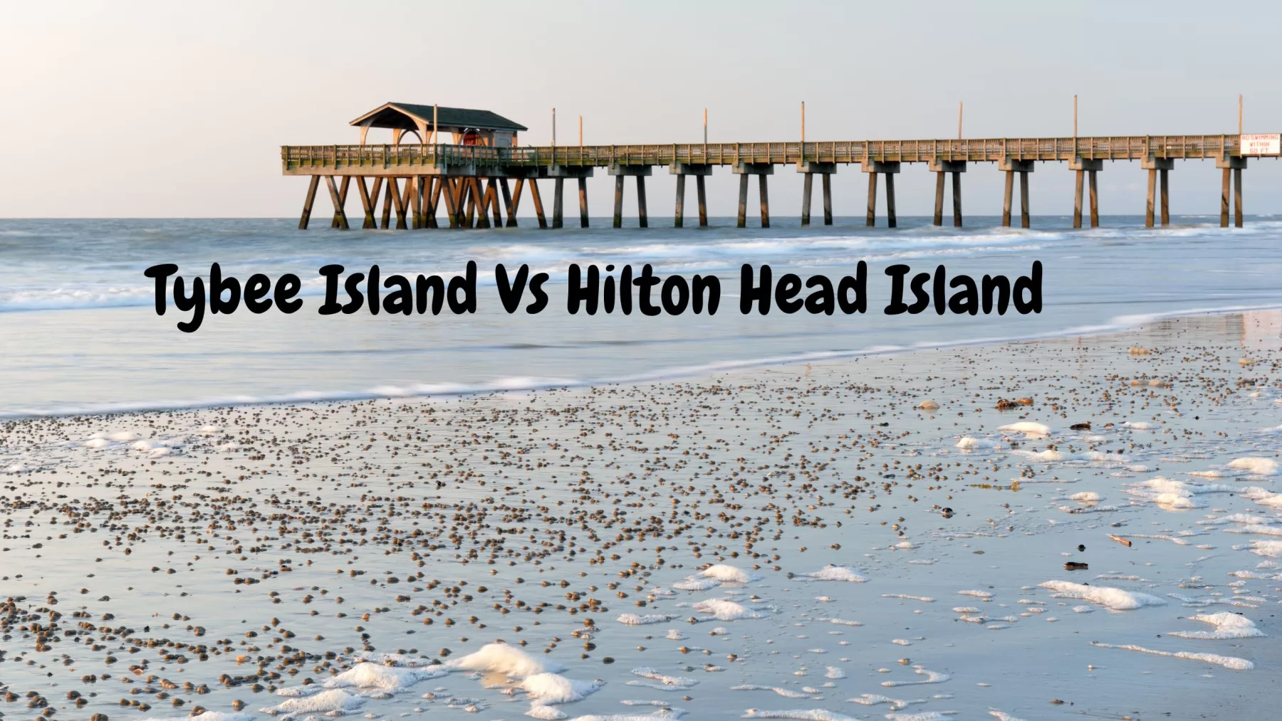 Image of The Tybee Island Pier and beach.  The beaches are covered in sea shells and the ocean water is calm. 