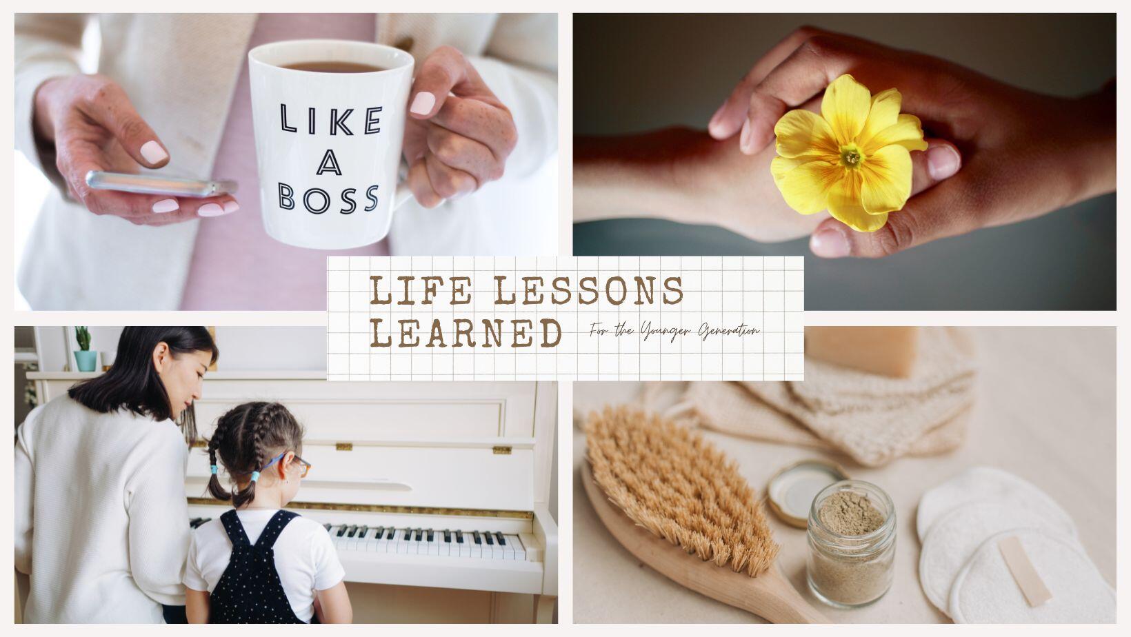 Image for Blog post life lessons Learned written by blogger over 50 years old, Kathy Brown. Image depicks various stages of life, raising children, working like a girl boss and traveling