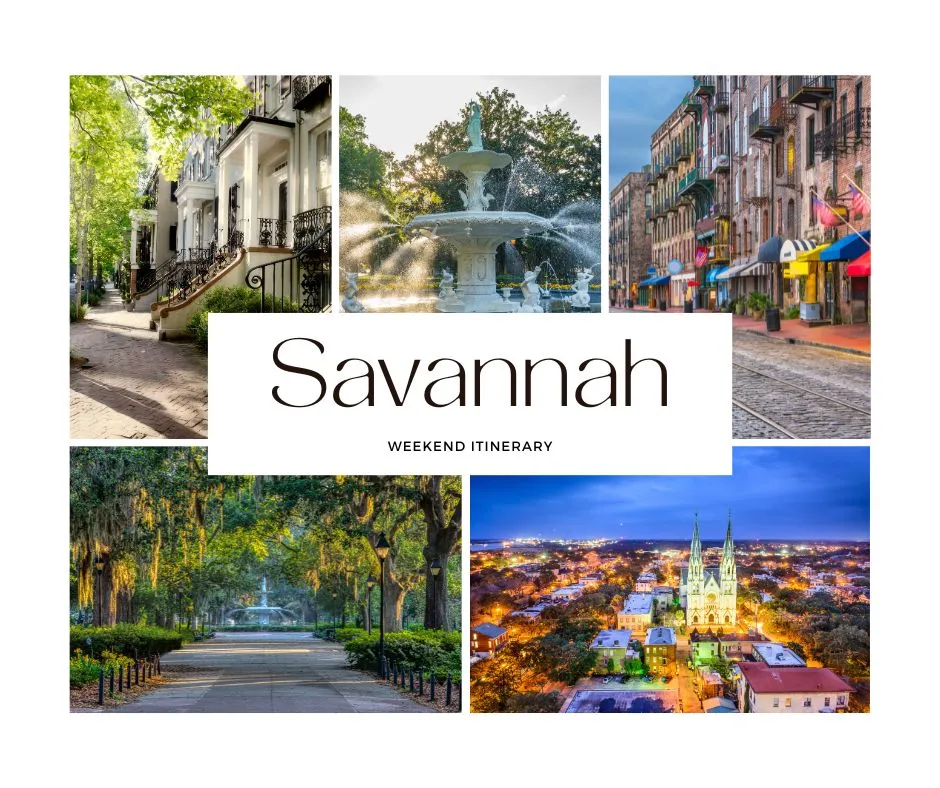 Explore the charm of downtown Savannah, Georgia with this weekend guide. The banner showcases picturesque scenes of historic streets, landmarks, and the vibrant atmosphere of Savannah.