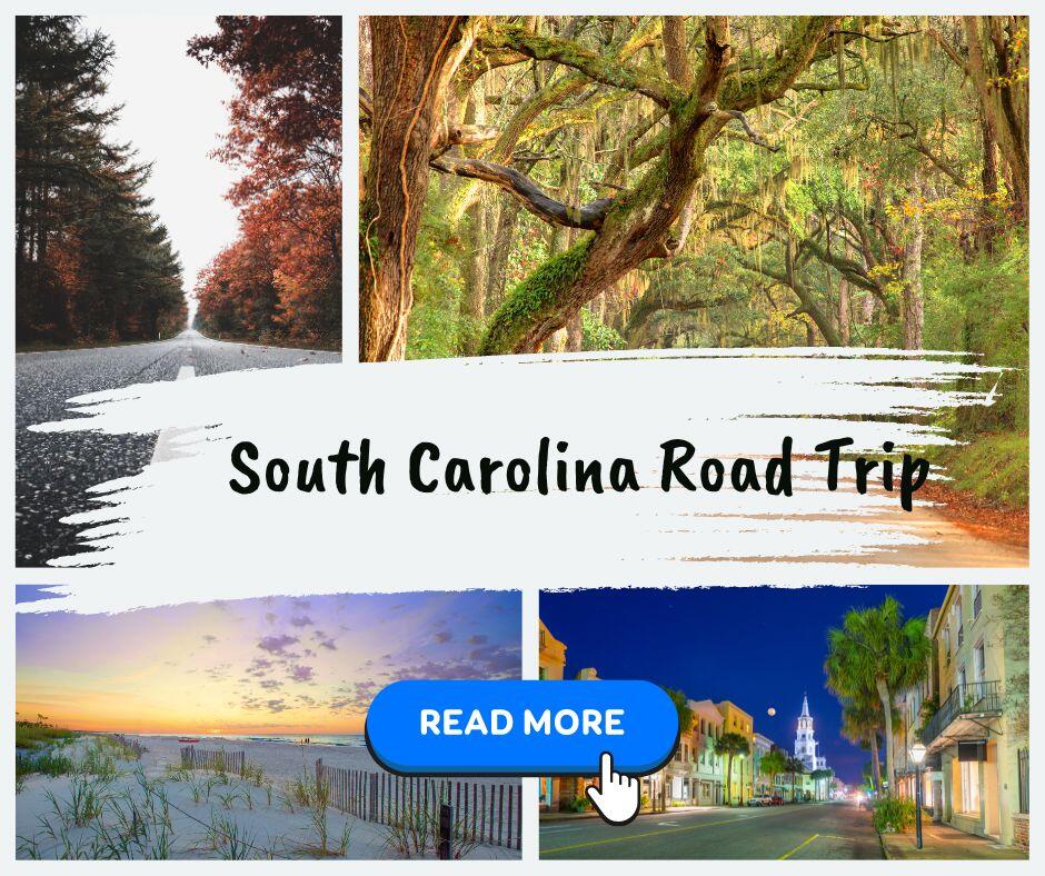 South Carolina Road Trip blog banner featuring several images of South Carolina including the Blue Ridge Mountains, Charleston and oak trees covered oin moss.